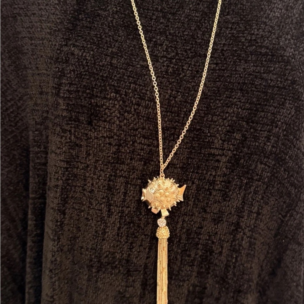 Lilly Pulitzer Puffer Fish Necklace Rhinestone & Gold Metallic w/ tassels New